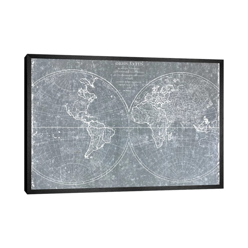 Galvanized World Map - Print on Canvas, 45.72cm H x 66.04cm W x 3.81cm D, Black Framed