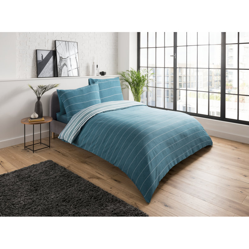 Mahn Striped Duvet Cover Set with Pillowcases, Double - 2 Pillowcases (80 x 80 cm), Teal