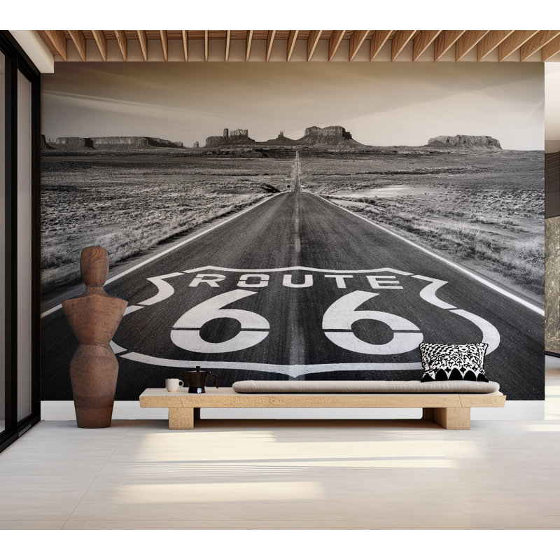 Papier peint de qualité supérieure - Route 66 - noir et blanc, L 90 po x L 120 po, Non-collé