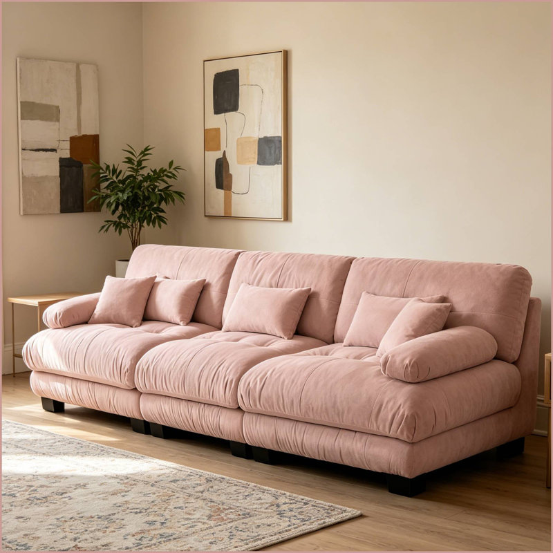 Canapé modulaire capitonné en chenille pour salon, 35.4" H x 133.8" W x 36" D, Pink