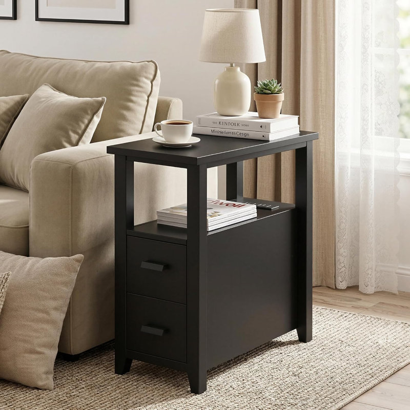 Table de bout étroite avec station de charge et 2 tiroirs, 1