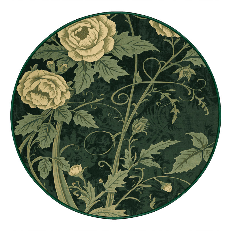 Tapis floral orné traditionnel lavable à la machine Osiyo - Reliure verte, 6 po de diamètre