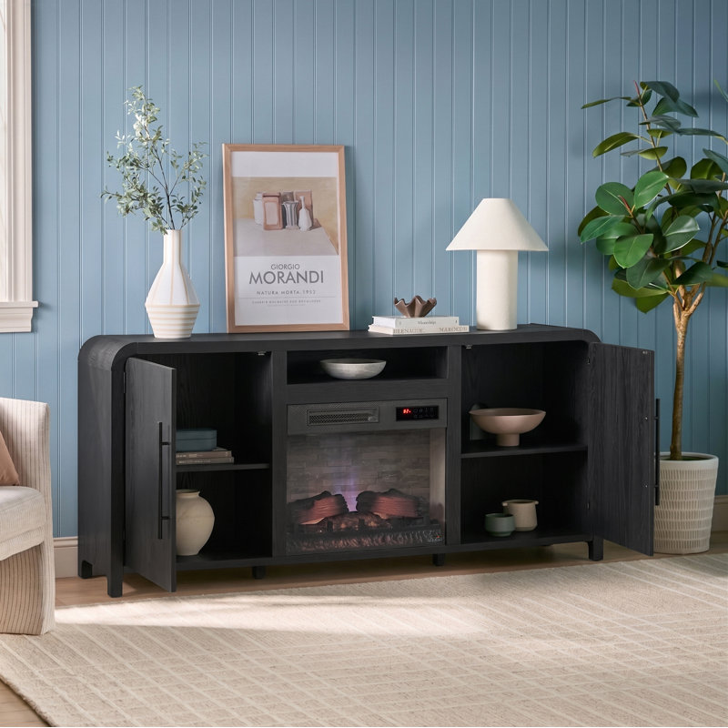 Meuble télé moderne incurvé Chantelle de 70 po avec foyer électrique intelligent Duraflame®, commande vocale et application Alexa, noir