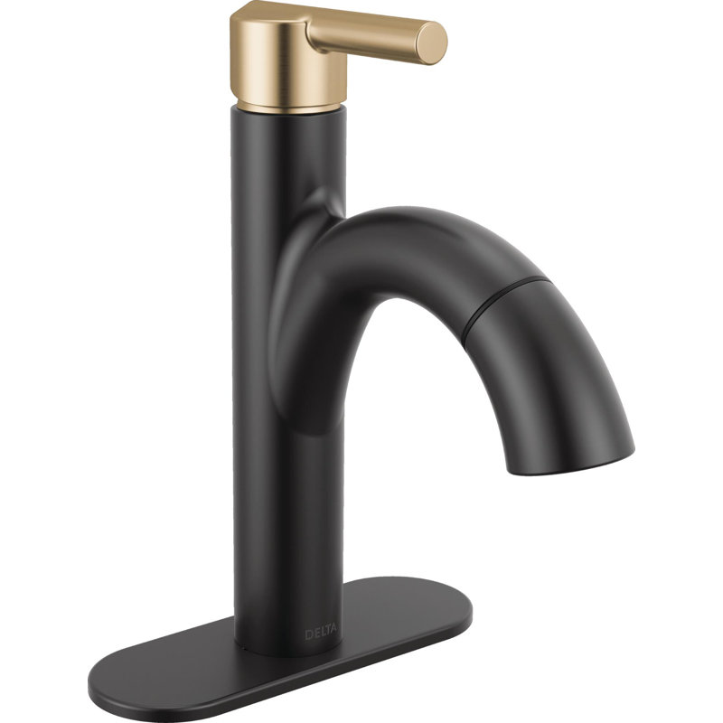 Robinet de salle de bain Nicoli noir mat / or brossé avec douchette, robinet de lavabo monotrou avec douchette extractible, bonde à poussoir, noir mat / bronze champagne