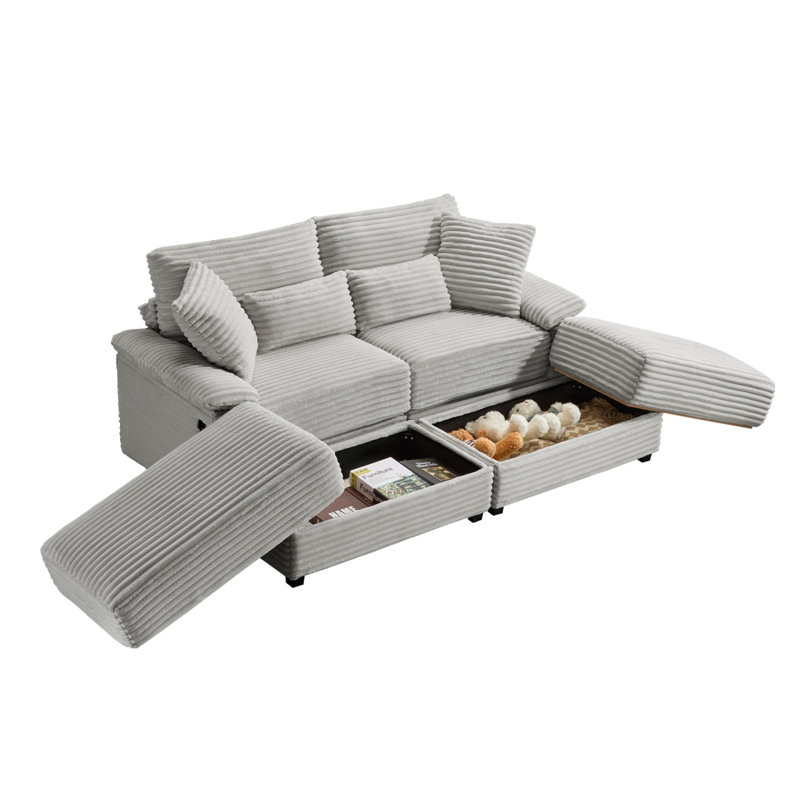 Ensemble de chaise longue double avec repose-pieds réversible en velours côtelé doux, repose-pieds avec rangement, port USB, siège / table multifonctionnel (coussin convertible à convertir), pour le salon