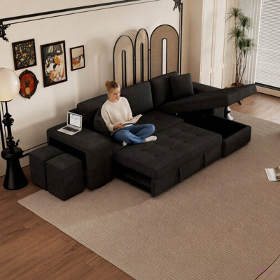 Canapé modulaire réversible en L de 104,5 po à 3 places, canapé-lit escamotable avec méridienne de rangement et 2 tabourets pour ensemble de salon, crème