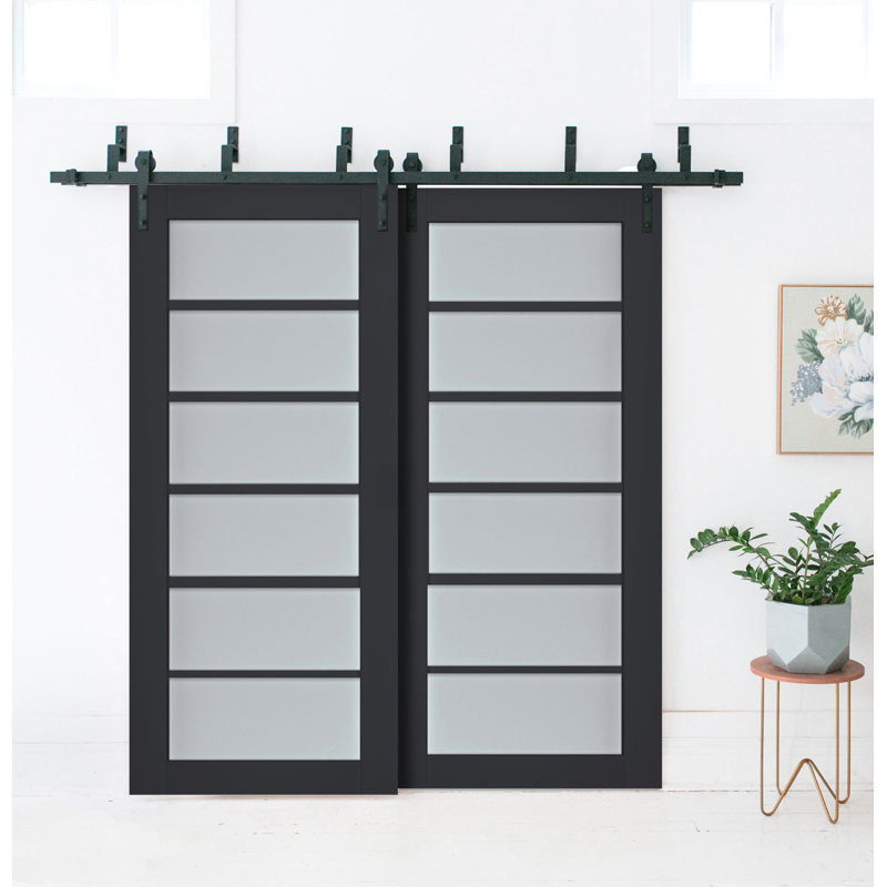 Portes coulissantes de style grange avec verre dépoli Veregio 7602 Anthracite, rails robustes de 2 m, quincaillerie incluse, portes de placard de chambre en bois massif - 122 x 213 cm (2 x 61 x 213 cm)
