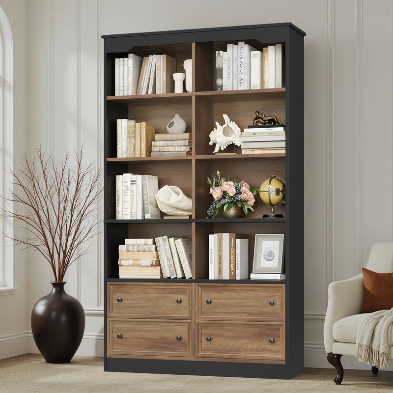 Kirklyn 6-Tier Standard Bookcase with 4 Drawers, Wood/Black