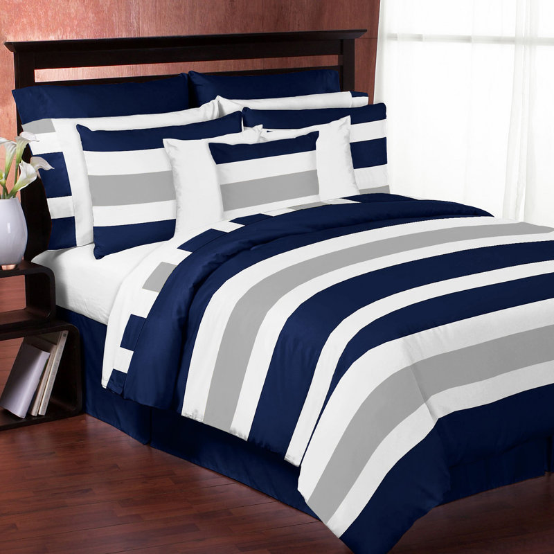 Ensemble d'édredon à rayures, Gris / bleu marine, Édredon double / grand + 2 taies décoratives sta