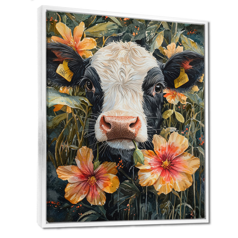 Peinture sur toile de vache Kenniya - Hibiscus, H 32 po x l 24 po, Impression encadrée flottante, Blanc