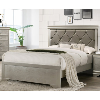 Élégant lit de jeu moderne à panneau de champagne 1pc avec tête de lit tapissier à texture de crocodile et tissu capitonné en forme de cristal pour l'élégance de la chambre à coucher