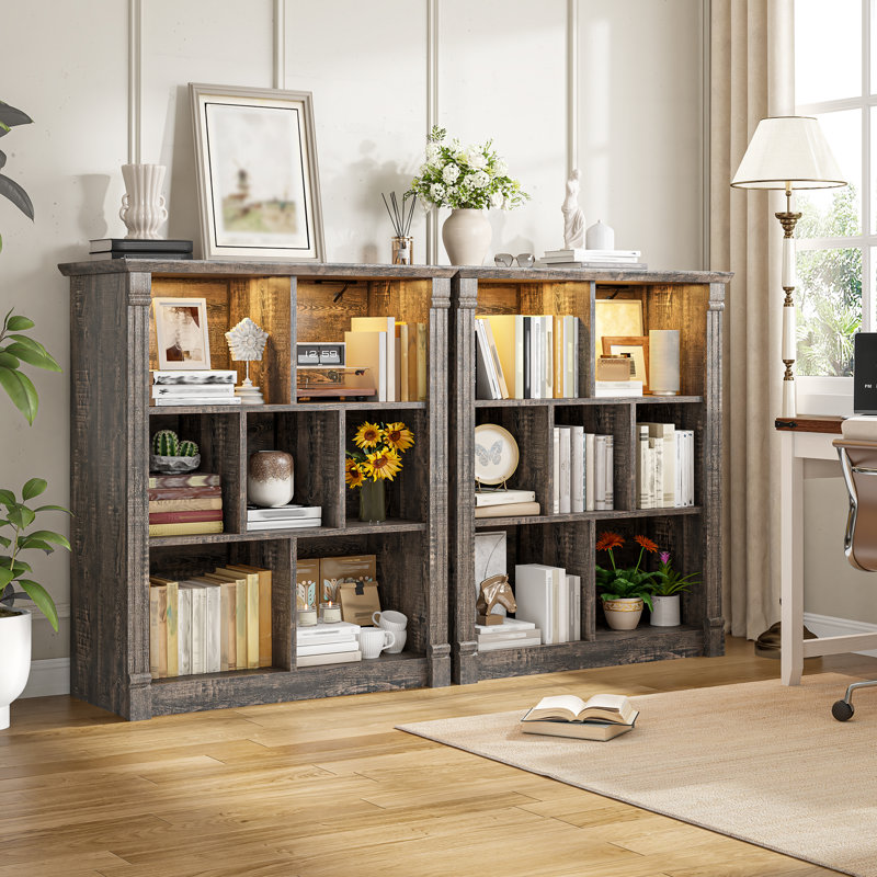 7-cube Storage Cabinet With Built-in Outlets & Led Lights - Tv Stand, Organizer,  39.4"H x 27.6"W x 11.8"D, Black Oak