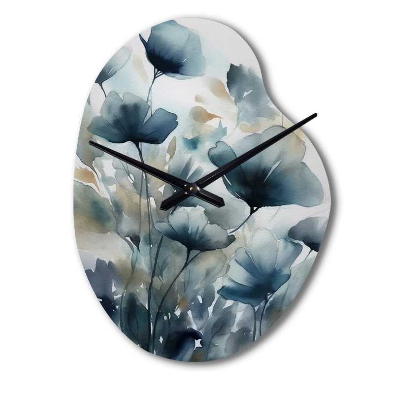 «Blue Leaf Foliage And Flowers III - Leaves», forme unique en métal, horloge murale, Petit