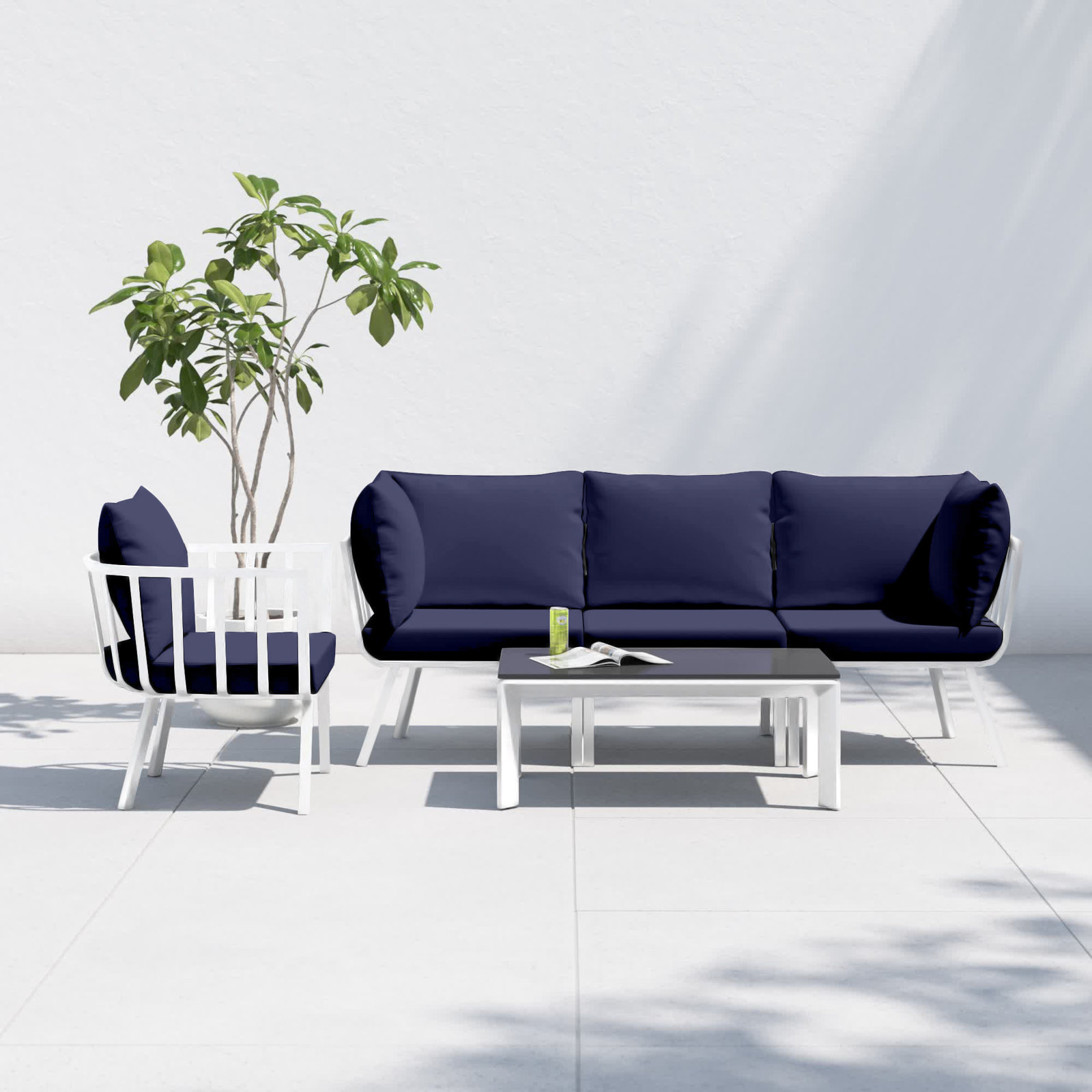 Riverside 4-Person Patio Seating Group, White Frame/Navy Cushion