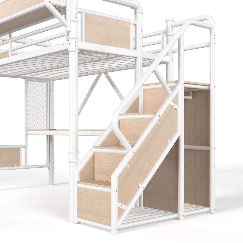 Lit mezzanine en métal avec bureau intégré ApexLoft, Lit simple, Blanc et naturel