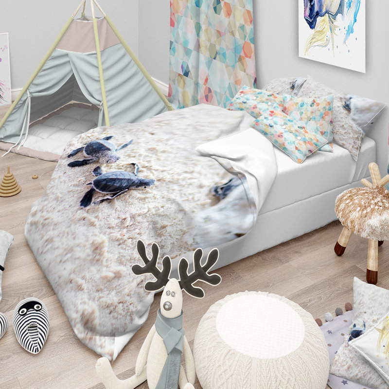 Ensemble de housse de couette bleu baby tortues designart on sable, Housse de couette grand + 2 taies décoratives