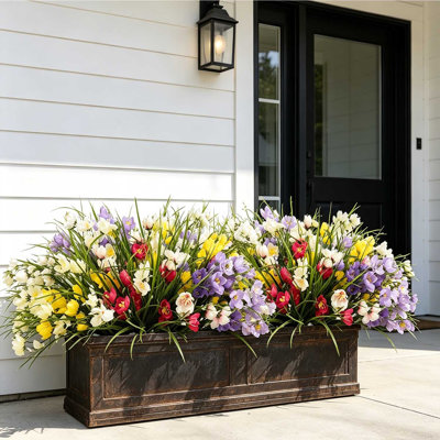 Fleurs artificielles de jonquille, 24 paquets de tiges de verdure artificielles en plein air, arbustes en plastique artificiels résistants aux rayons UV pour jardinière, jardinière, ensemble de 24