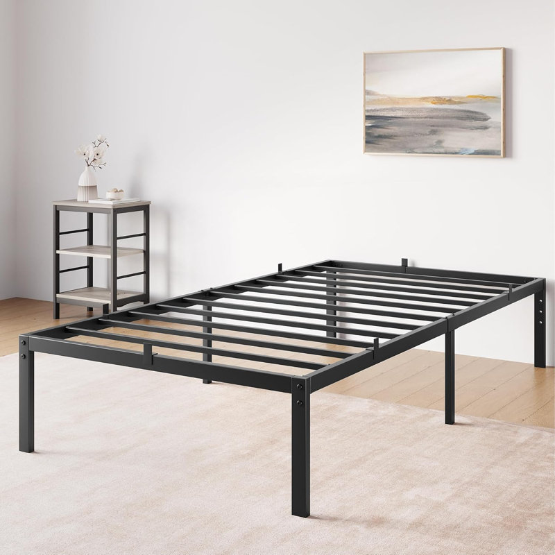 14 Inch Twin Metal Platform Bed Frame with Storage, Steel Slats, 14", Twin