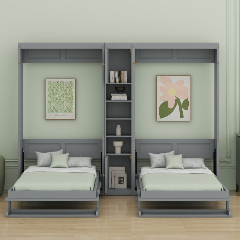 Dual Murphy Beds With Cabinets And Shelves, Grey