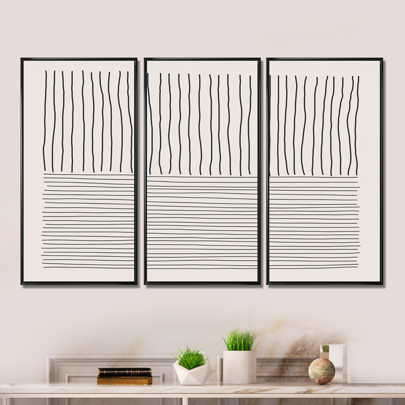 Minimal Geometric Lines III - reproduction de cadre photo sur toile 3 pièces, Cadre noir, H 28 po x l 36 po x P 1 po
