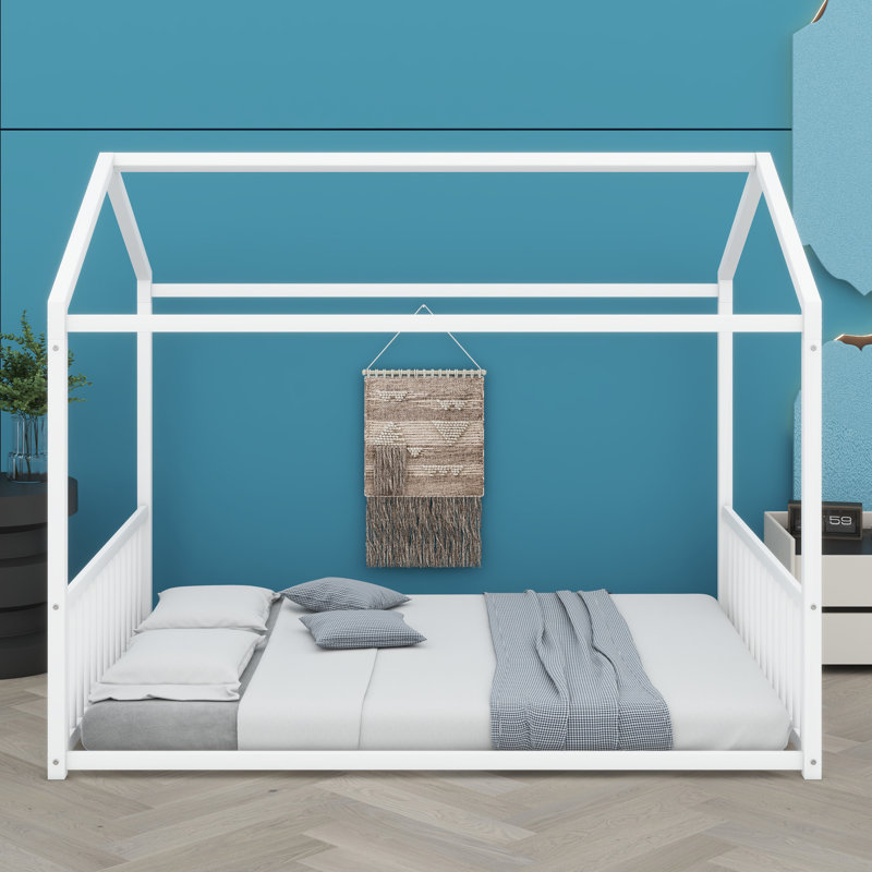 Easy-Assembly Montessori Bed Featuring Playful House Outline, White, Full