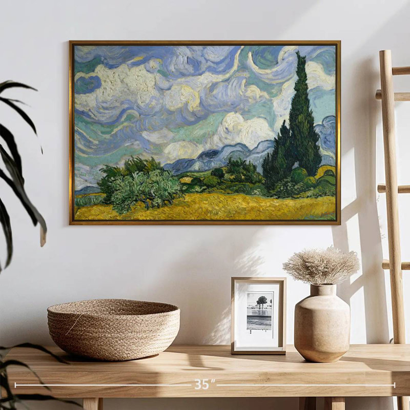 Peinture champ de blé avec cyprès, Cadre flottant doré, 25 po x 17 po