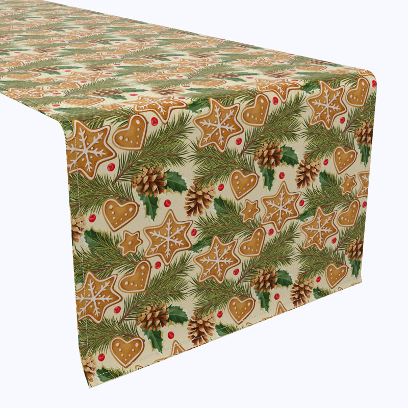 Cyriaque Table Runner, 100% Cotton, 16X108", Holiday Gingerbread Cookies & Pinecones, 108" L x 16" W
