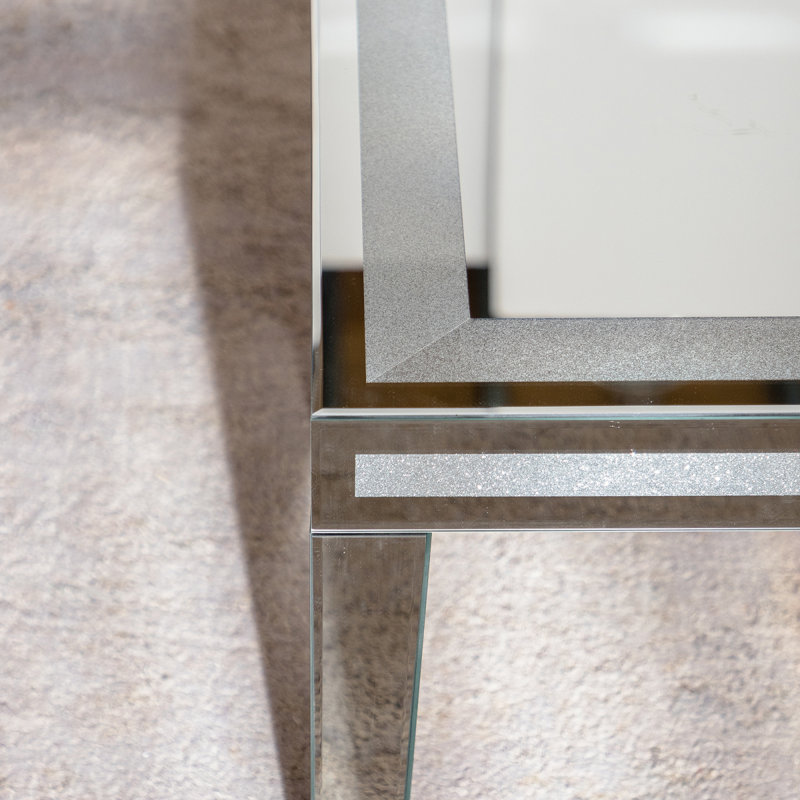 Silver Coffee Tables For Living Room With Dazzling Crushed Crystal Border, Clear Glass Rectangle Center Table Mirrored Finished, Glam Modern Living Room Furniture