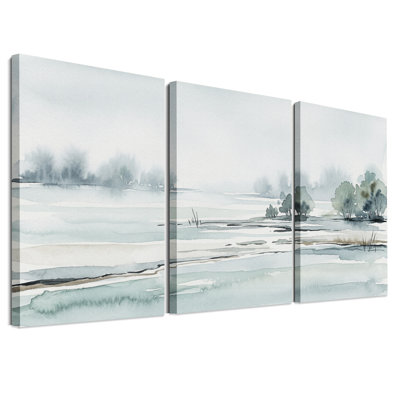" Misty Watercolor Lake With Trees " 3 Piece Art