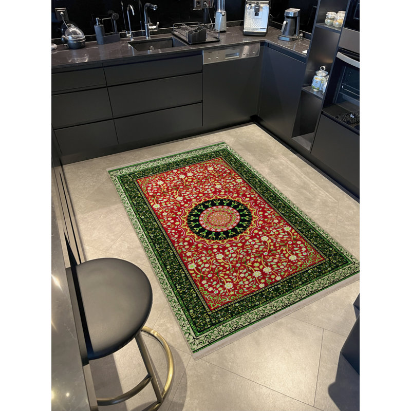 Tapis marocain en polypropylène à imprimé numérique vert Vittorina, Rectangle 5 pi x 9 pi 11 po