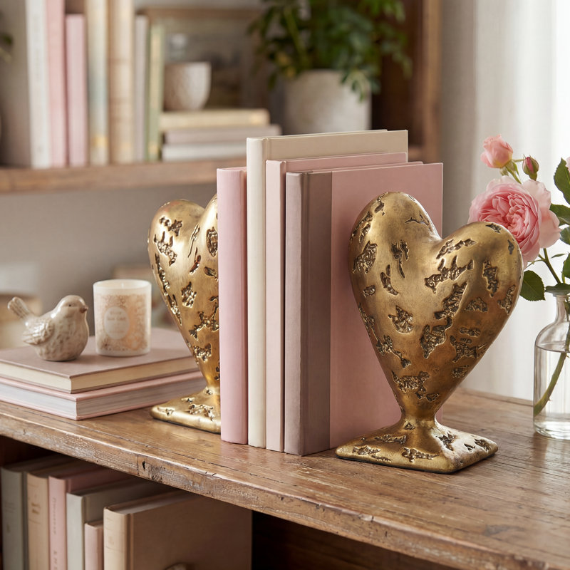 Heart-Shaped Textured Bookends With Protective Base, Gold