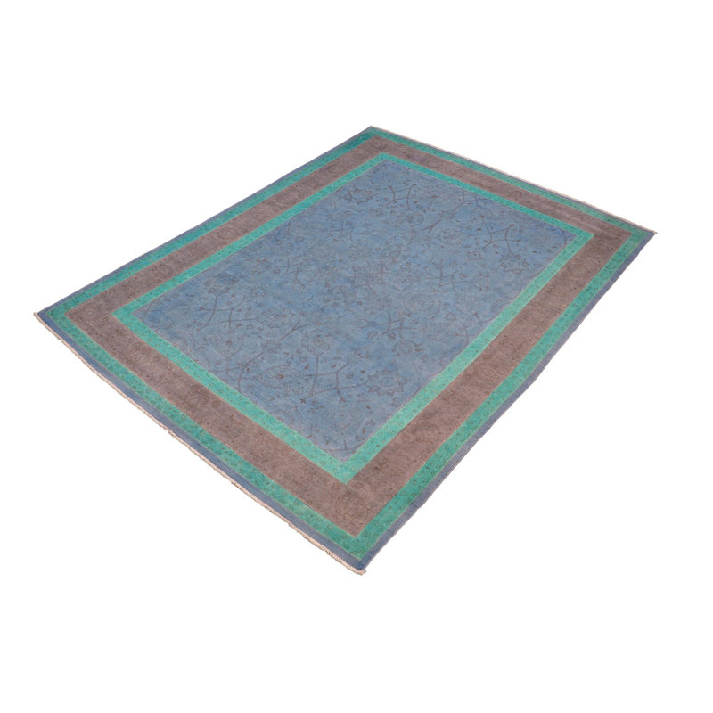 Tapis gris / vert / brun en laine noué à la main 7 pi 10 po x 9 pi 9 po Evan
