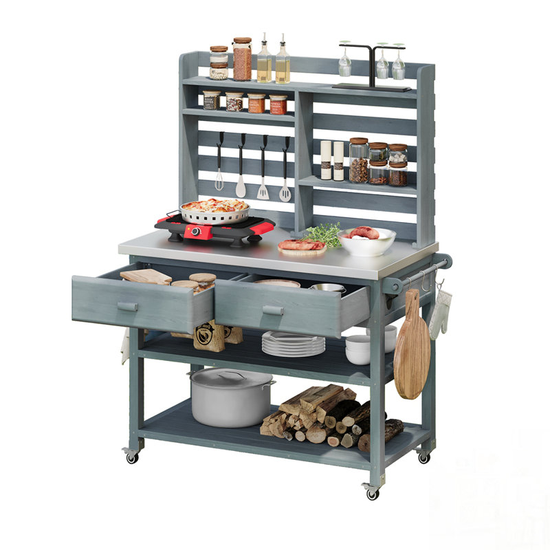 Outdoor Potting Bench Table with Lockable Wheels, Solid Wood Kitchen Island, Stainless Steel Top, Towel Rack, Ample Storage for Grilling and Gardening