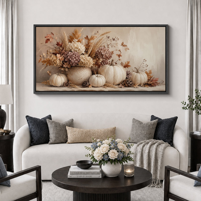 Neutre, citrouille, art floral, nature morte, H 30 po x l 60 po x P 1,5 po, Cadre noir