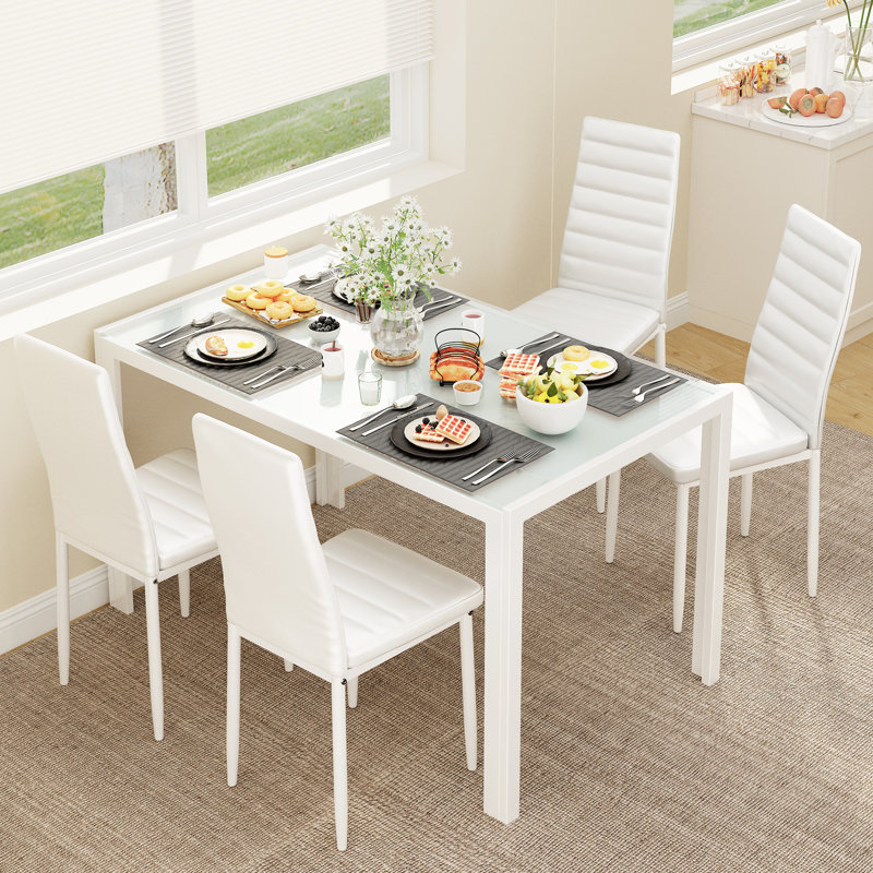 Jehias 5 - Piece Glass Top Dining Set, White, 5 Pieces: Table, 4 Chairs