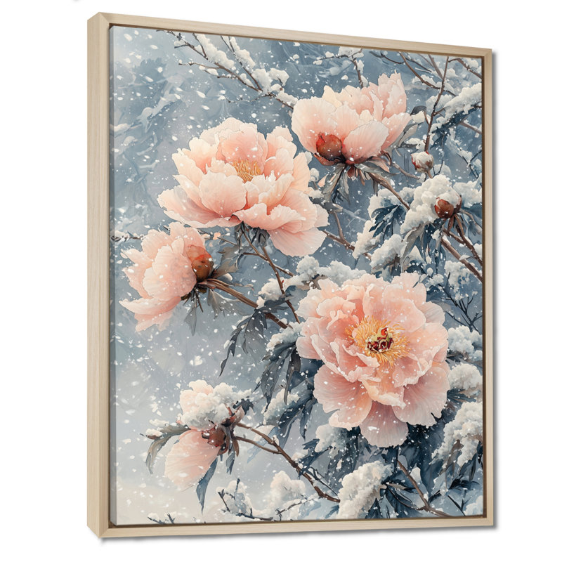 Pivoines au vent d'hiver III - pivoines, art mural encadré, Reproduction avec cadre flottant, H 44 po x l 34 po, Crème, crème