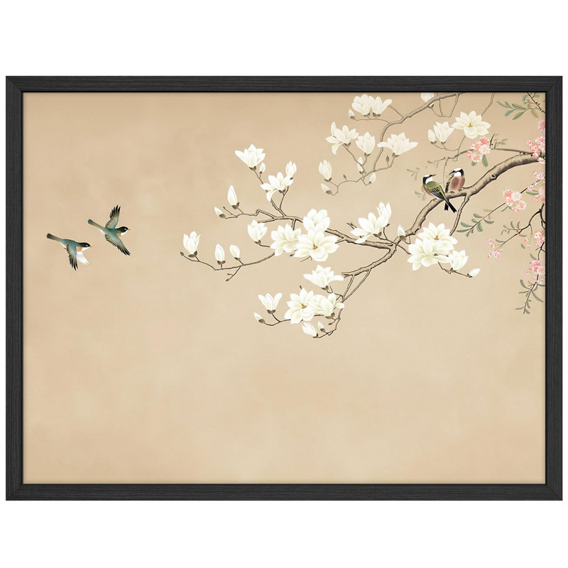 «Magnolia Blossoms and Birds in a Soft Pastel Palette», affiche rustique encadrée, H 11 po x l 14 po, Noir, noir, noir, noir