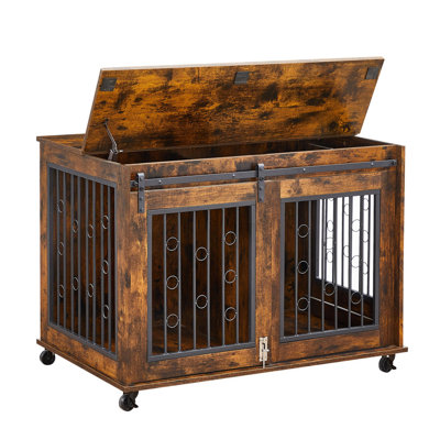 Sliding Door Dog Cage with Partition for 2 Puppies | Rustic Brown | 39.37''W x 25.20''D x 28.94''H | Wooden Kennel with Lockable Design | for Small/Me