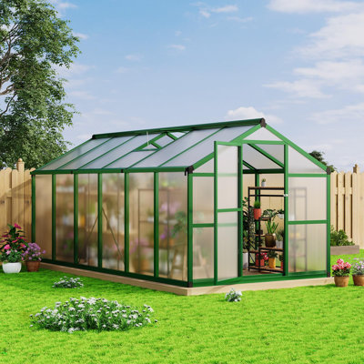 Serre à accès intensif en polycarbonate pour l'extérieur avec cadre en aluminium, évent de toit réglable, porte coulissante verrouillable, poignée sécurisée et ouvre-fenêtre en plastique pour jardin ou patio, 8 x 12 pi (vert)