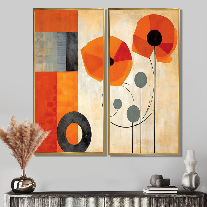 «Bold Orange Cubic Flowers», art mural moderne corail, 20" H x 24" W, Impression encadrée flottante, Gold