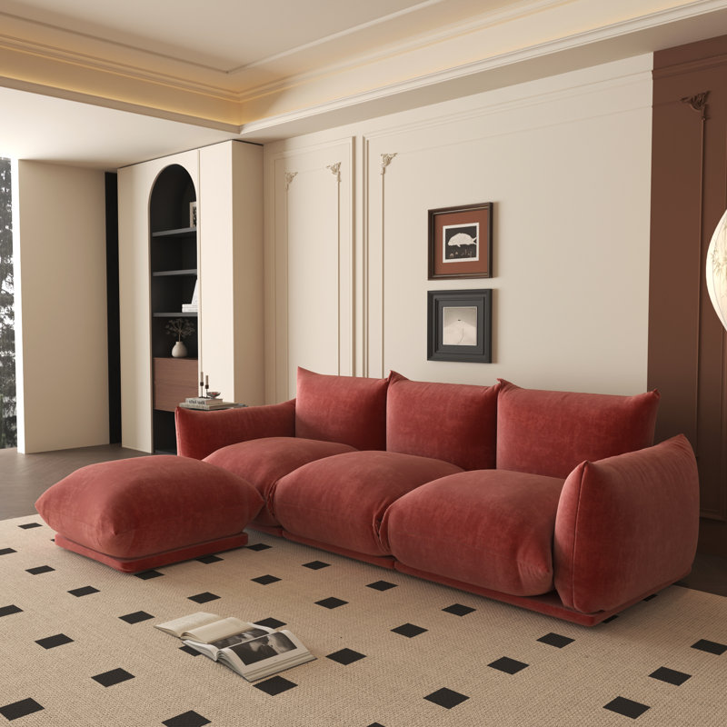 Canapé modulaire rembourré en tissu 3 pièces Minarik, Chenille rouge, H 25,2 po x l 103,9 po x P 38,58 po