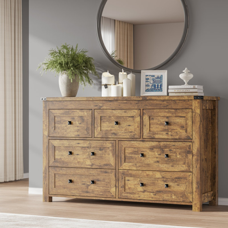 Commode double 7 tiroirs, commode en bois l 47,3 po de largeur pour chambre à coucher, Bois / noir