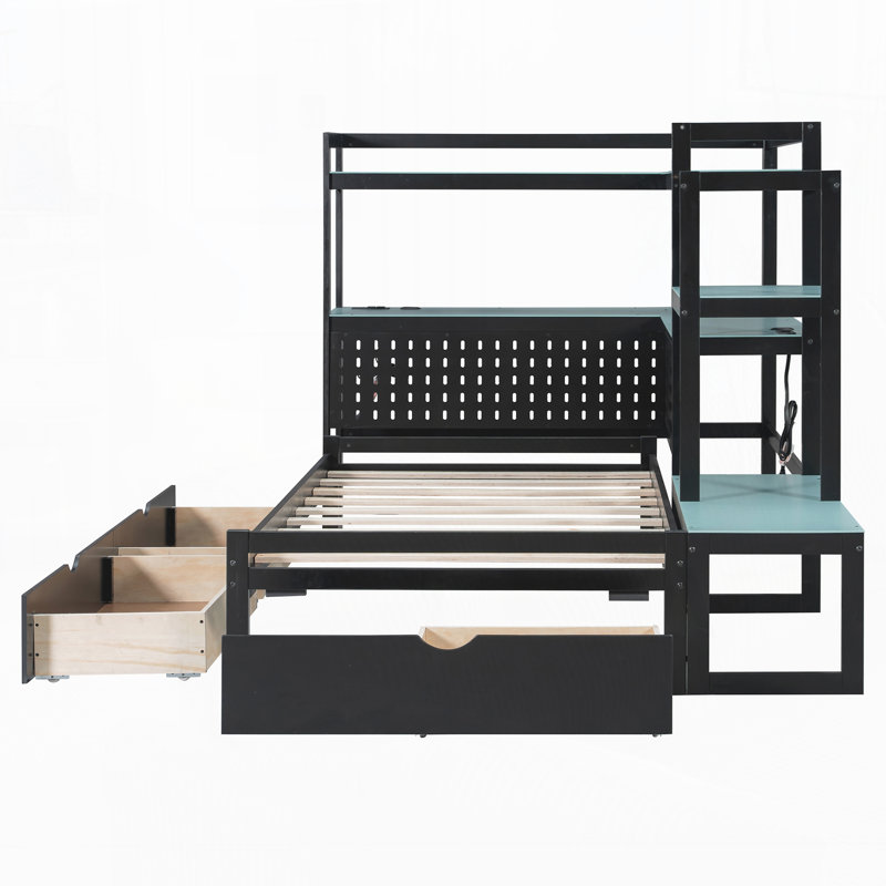 Gaming Daybed With Integrated Desk And LED Light, Modern Wooden Bed Frame With 3 Storage Drawers And Built-In Charging Station, Multi-Functional Headboard Bookcase