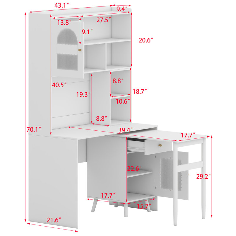 Bureau d'ordinateur avec bureau rotatif à 90 degrés, bureau de 43 po x 70 po avec tiroir de rangement et armoires, bureau de jeu avec tablettes, bureau d'écriture pour bureau, bureau de travail pour la maison