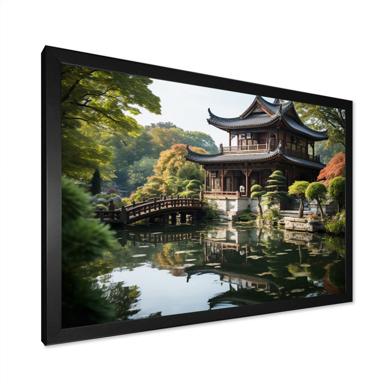 Asian Art Serene Pagoda I, reproduction d'art sur toile, H 24 po x l 32 po x P 1 po, Cadre simple noir