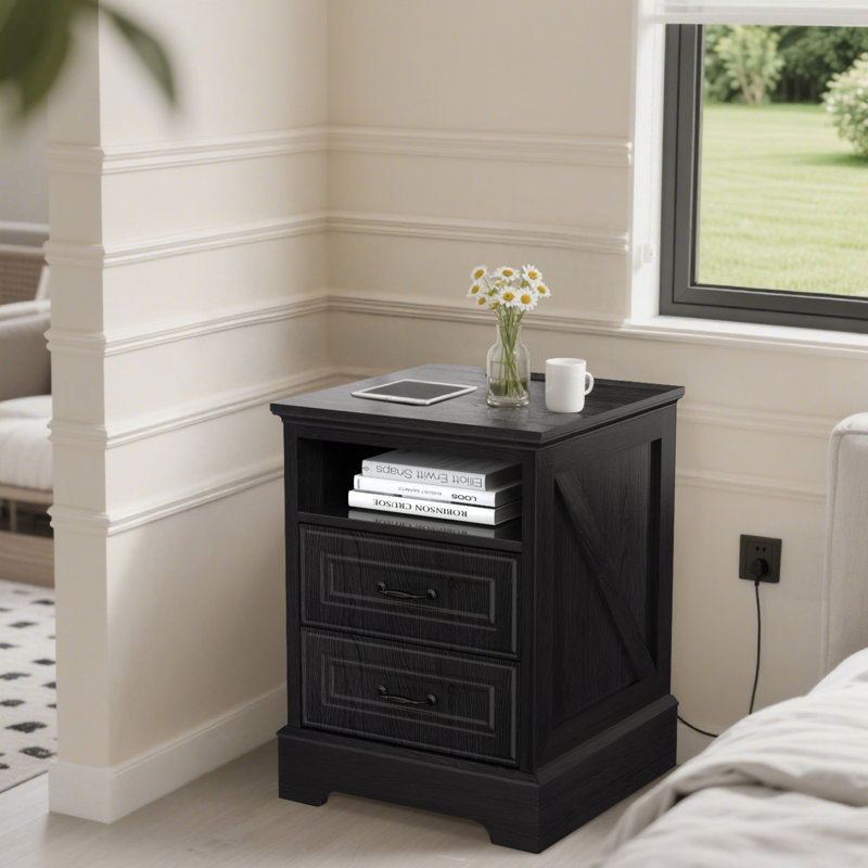 Farmhouse Nightstand,End Table with charging station, Black, Individual