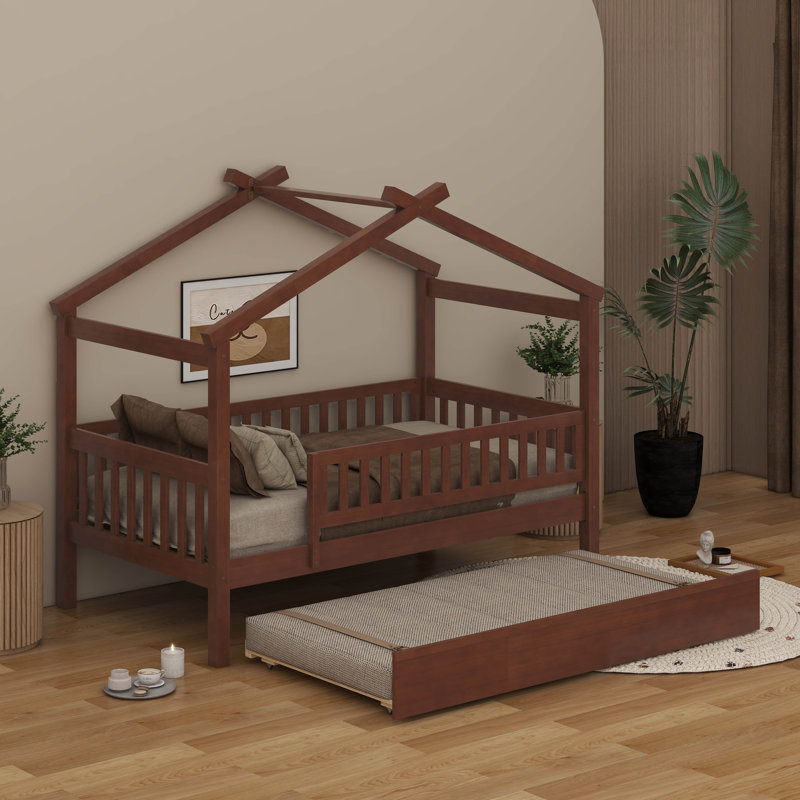 Wooden House Bed With Trundle, Lit simple, Noyer