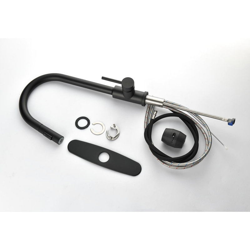 Robinet de cuisine avec douchette rétractable, noir mat en acier inoxydable, buse rotative à 360 °, deux options de débit d'eau, robinet rétractable sans effort pour gérer la température et le débit, acier, rotatif