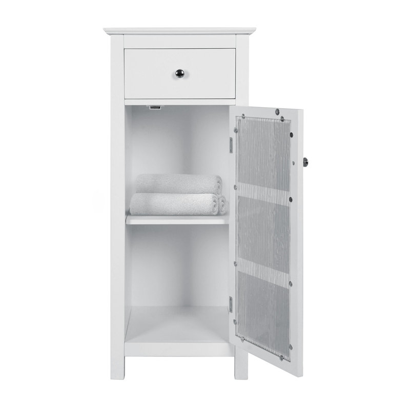 Jaeden Freestanding Floor Accent Storage Cabinet with Drawer, Textured Glass Door and Adjustable Shelf