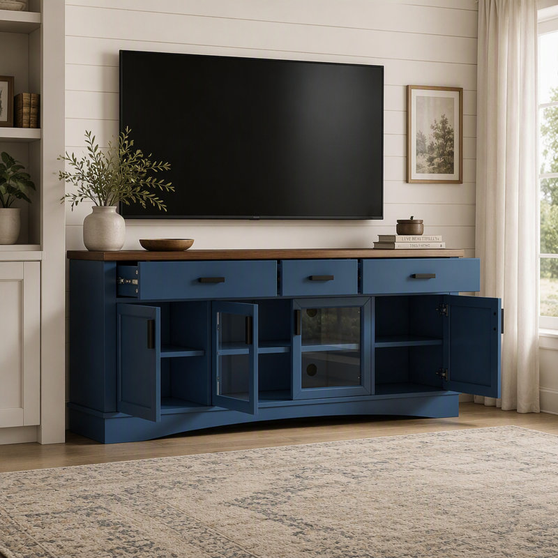 Meuble télé moderne de 67 pouces avec portes vitrées, tiroirs de rangement et tablettes réglables., Bleu